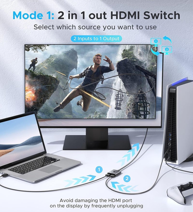 Warrky مفتاح HDMI 2 في 1 مخرج 4K@60Hz، [مع كابل HDMI مضفر ثابت بطول 3.3 قدم، هيكل من الألمنيوم، 2K@144Hz، HDCP 2.2] مفتاح ثنائي الاتجاه 2x1 متوافق مع PS5/4، Xbox، Roku، FireStick، Switch - Image 2